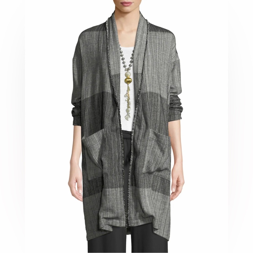Eileen Fisher Black Organic Cotton Hazy Blocks Shawl Cardigan Jacket Size L/XL